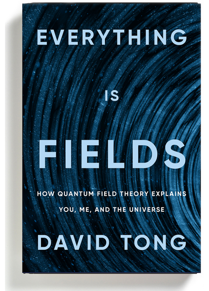 Hardcover jacket design for "Everything Is Fields: How Quantum Field Theory Explains You, Me, and the Universe" by David Tong